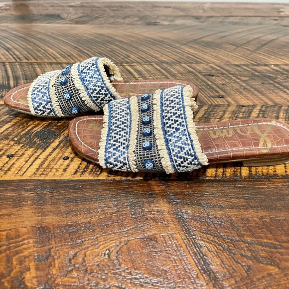 Sam Edelman Shoes - EUC Sam Edelman Brandon Embellished Raffia Slide — Blue — Women’s Size 6.5